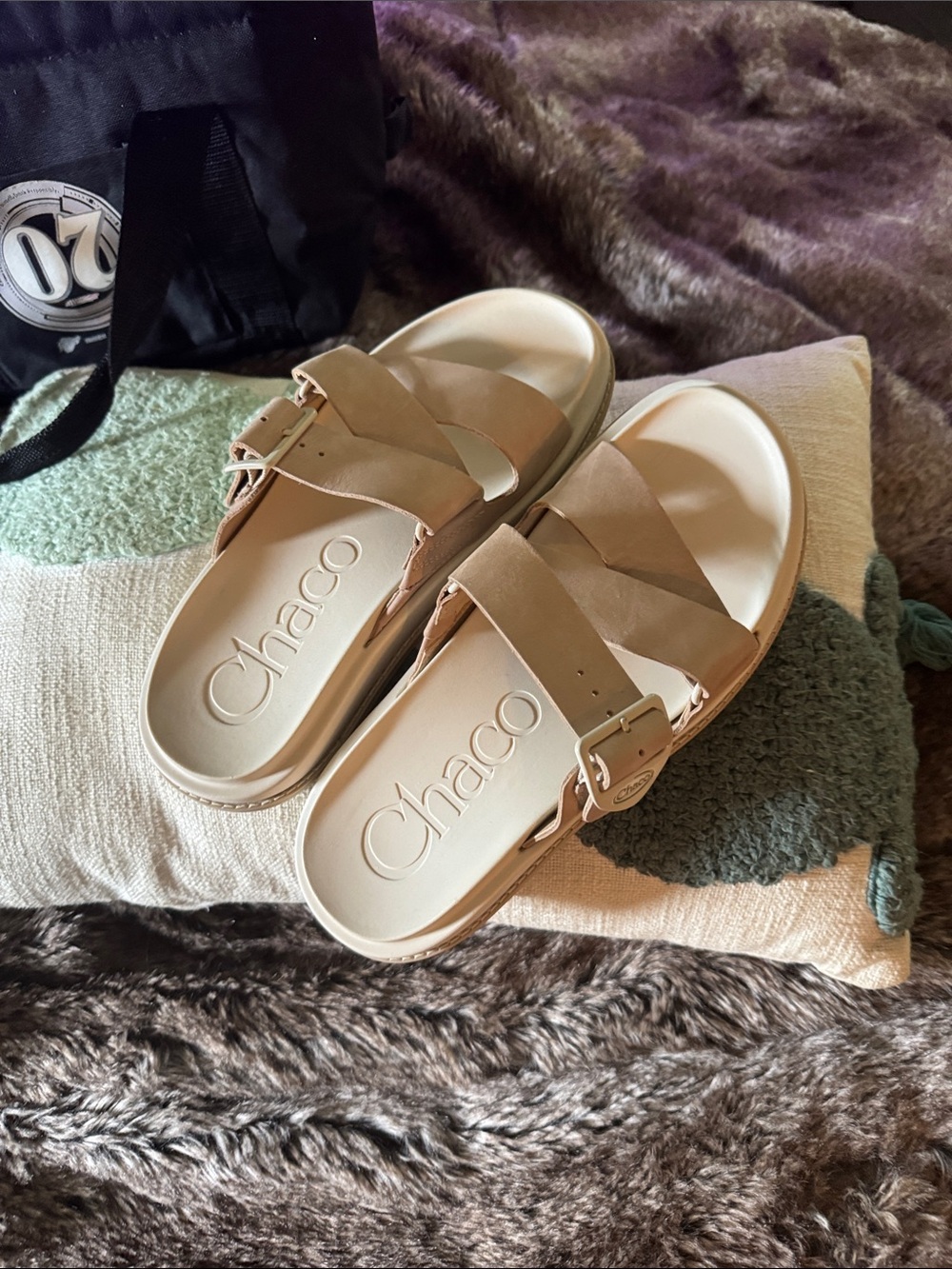 Chaco Women's Neutral Tan Slide Sandals with Buckle Straps